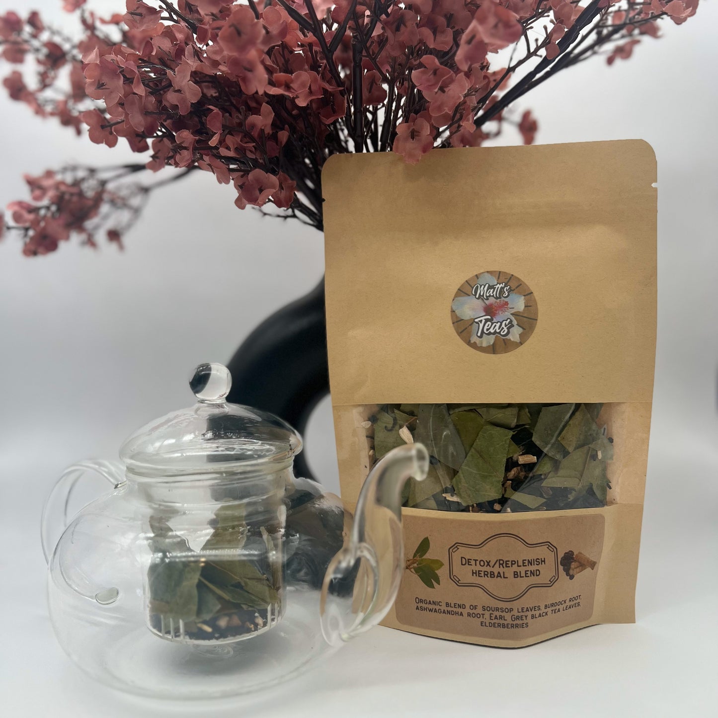 Detox and Replenish Organic herbal tea blend organic soursop earl grey black tea burdock root ashwagandha elderberries insta