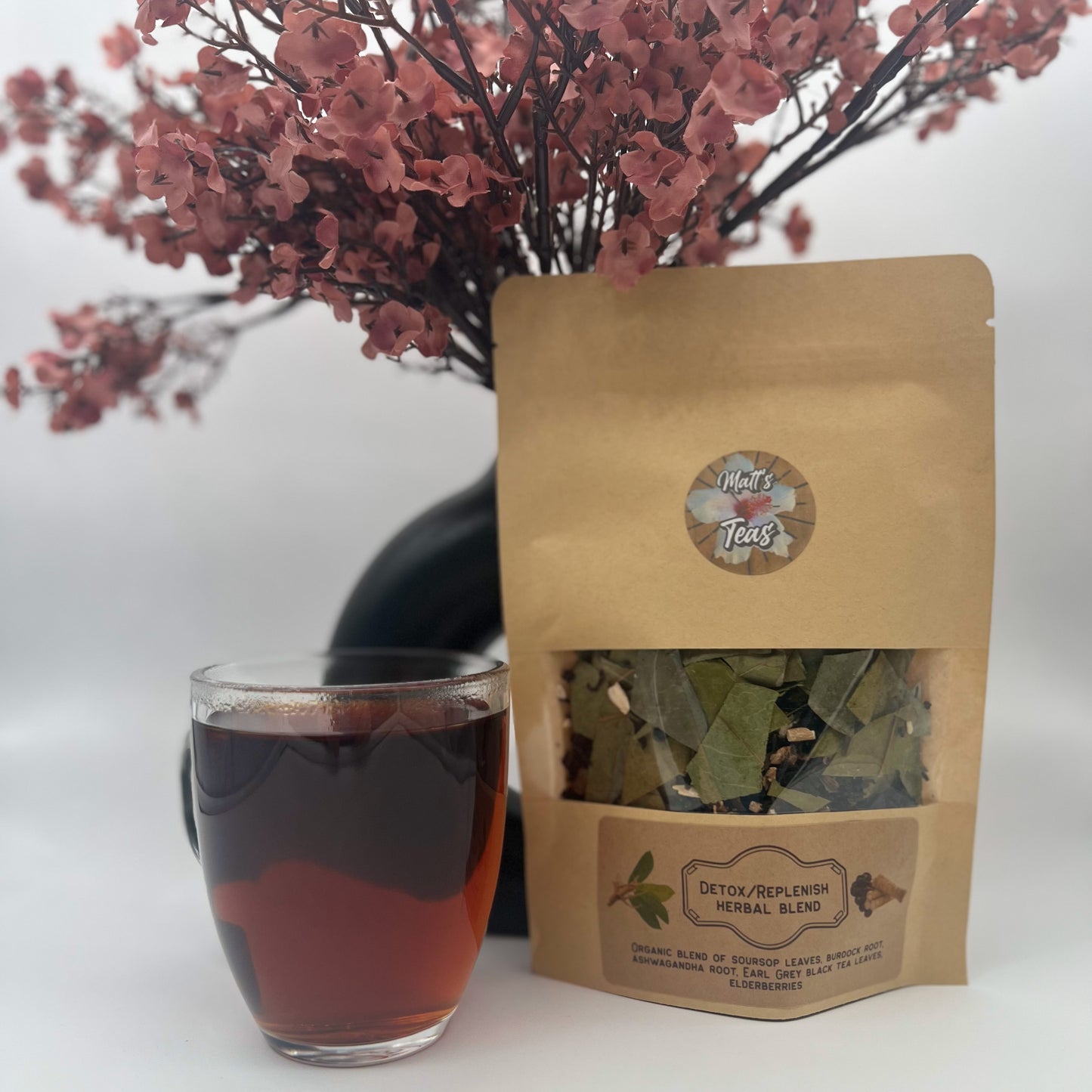 Detox and Replenish Organic herbal tea blend organic soursop earl grey black tea burdock root ashwagandha elderberries insta